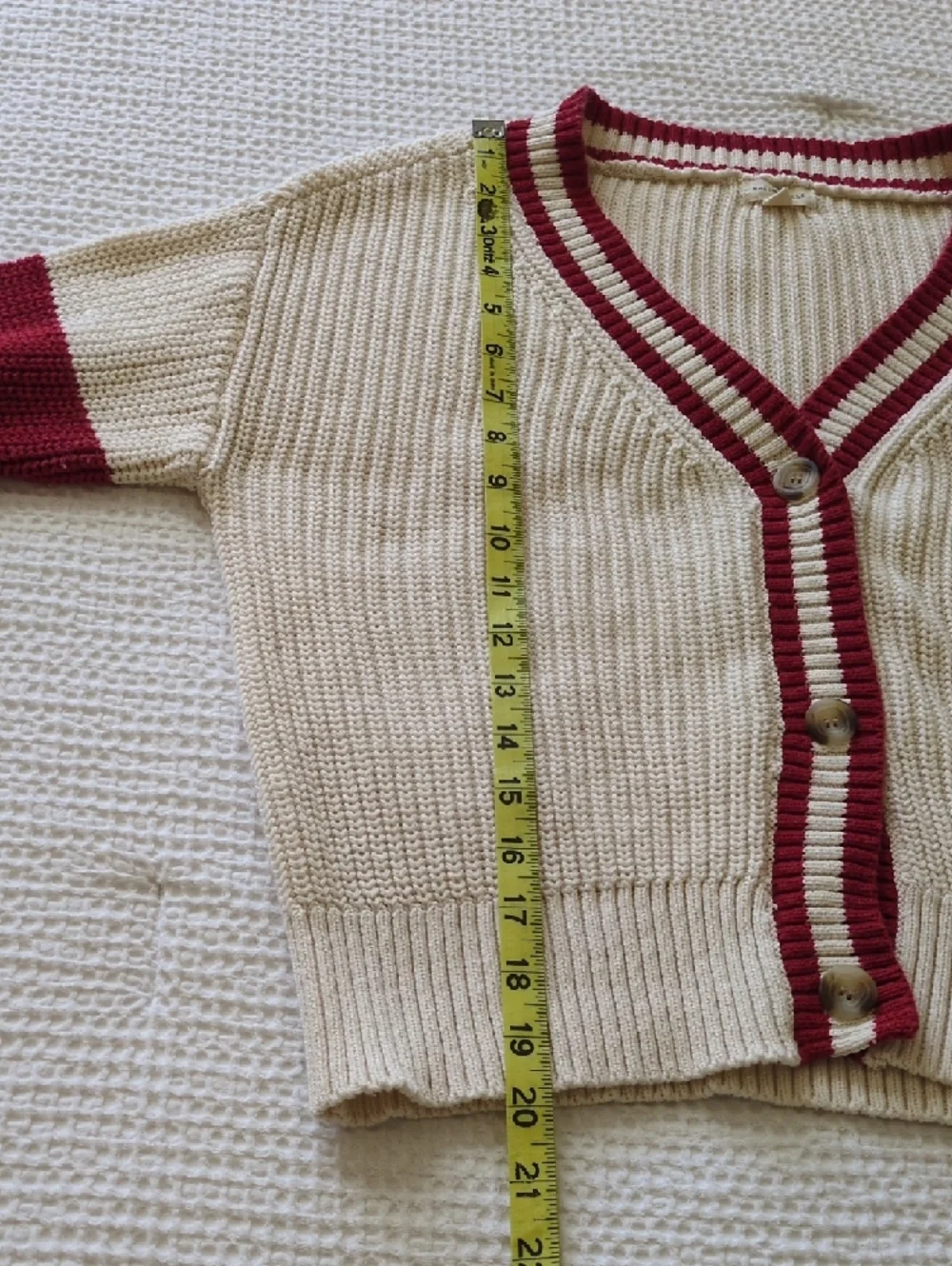 Mason & Belle Cream 100% Cotton Cardigan Sweater - Red & Navy Stripe Trim